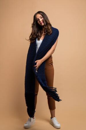 knitted wide scarf in midnight blue