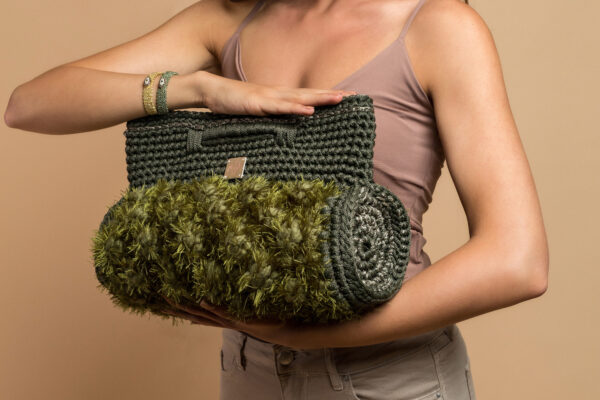 crochet barrel handbag in khaki
