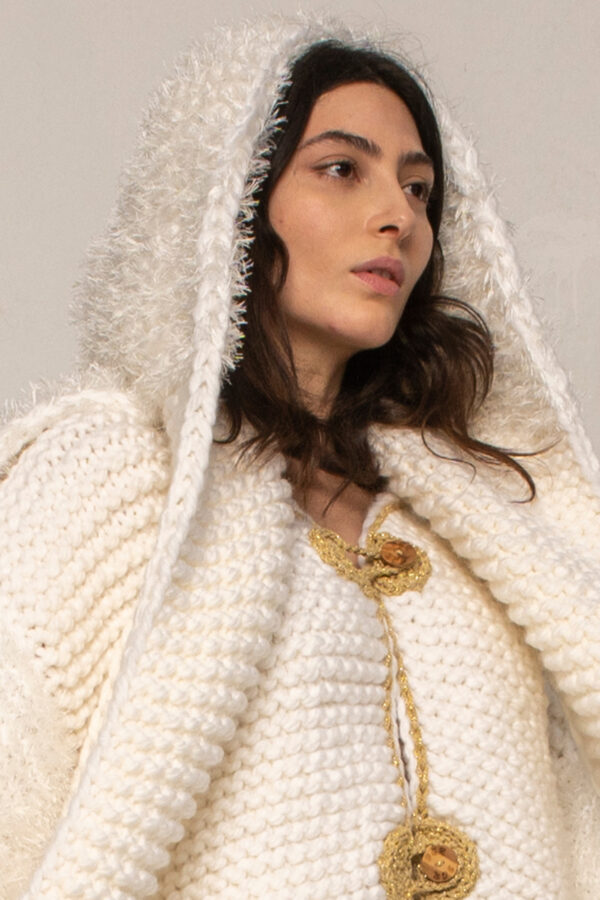 Knitted Coat Cardigan in White & Gold 