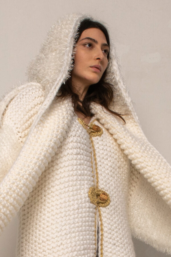 Knitted Coat Cardigan in White & Gold 