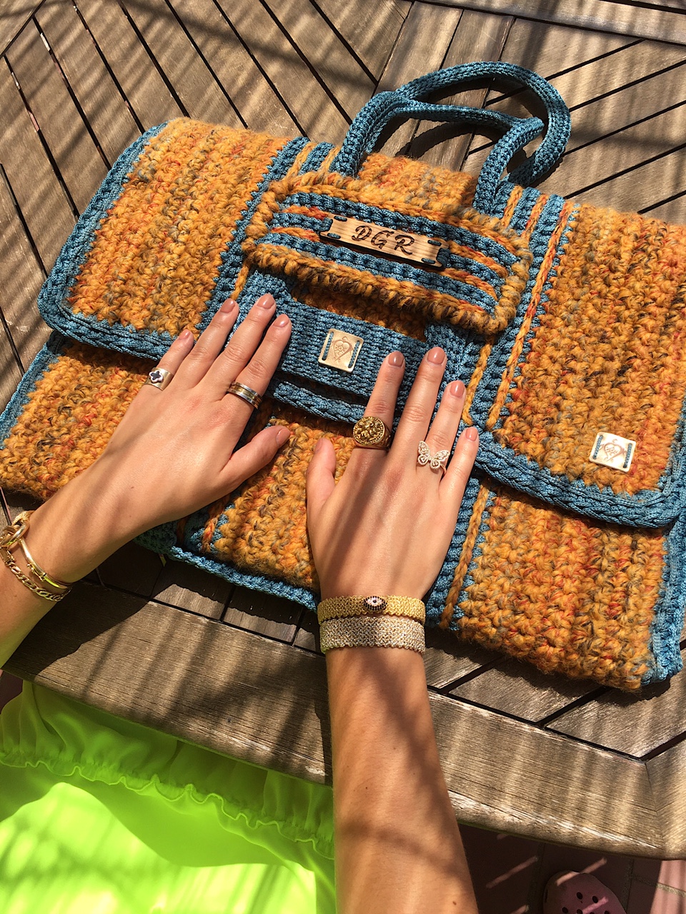 handmade crochet bag in yellow/steelblue